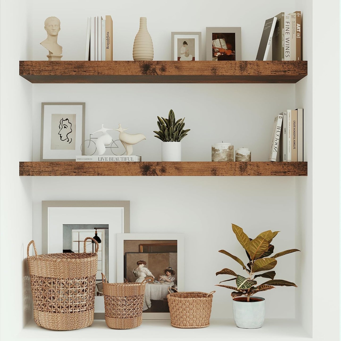 Floating Shelves 10 inches Deep, Long 36 x 10 x 1.8 Wall Shelves for Bedroom, Living Room, Kitchen, Office, Bathroom Farmhouse Shelf Home Decor with Invisible Bracket, Rustic Brown