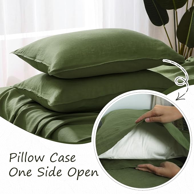 100% French Linen Pillowcase-Set of 2, Queen Size(20''x30''), Stone Washed Solid Color, Soft and Breathable (Olive Green, Queen)