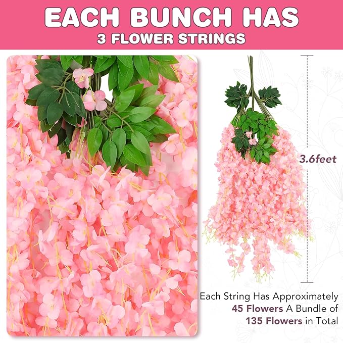 Alotiki Wisteria Hanging Flowers,Fake Hanging Flowers,Wisteria artificiales Garland for Home Wedding Arch Floral Party Garden Ceremony Outdoor Decor,3.6 feet Long(48,Pink)