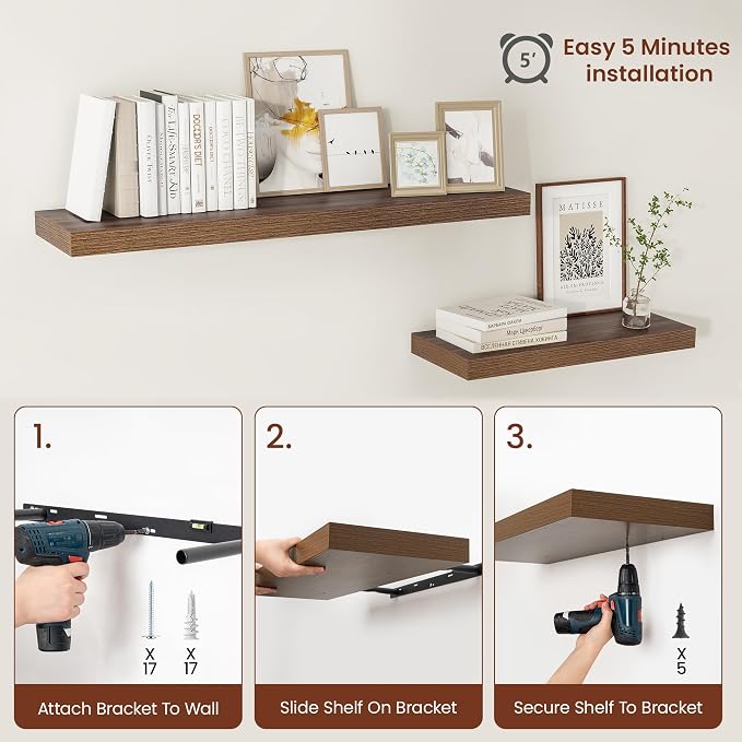 Vivelove 12 Inch Deep Floating Shelves 72 inch Long, 72 x 12 Wide Wall Shelves with Invisible Brackets, for Bedroom Bathroom Living Room Kitchen Office, Farmhouse Home Decor, Set of 1, Walnut