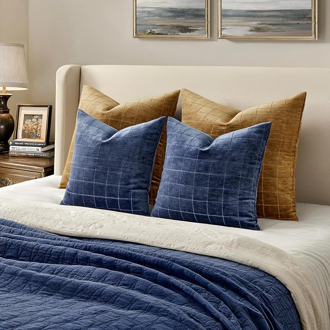 MIULEE Decorative Chenille Check Throw Pillow Covers Vintage Plaid Couch Pillows 18x18 Inch Set of 2 Neutral Boho Farmhouse Cushion Covers Modern Home Coastal Decor for Sofa Bed Living Room Navy Blue