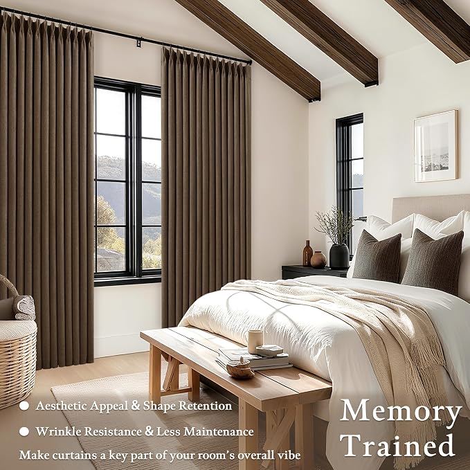 Dutch Cocoa 105 Inch Long Blackout Curtains Brown Thick Linen Pinch Pleated Curtains 2 Panels for Bedroom Living Room Darkening Light Blocking Pinch Pleat Back Tab 105 Inch Window Drapes Brown