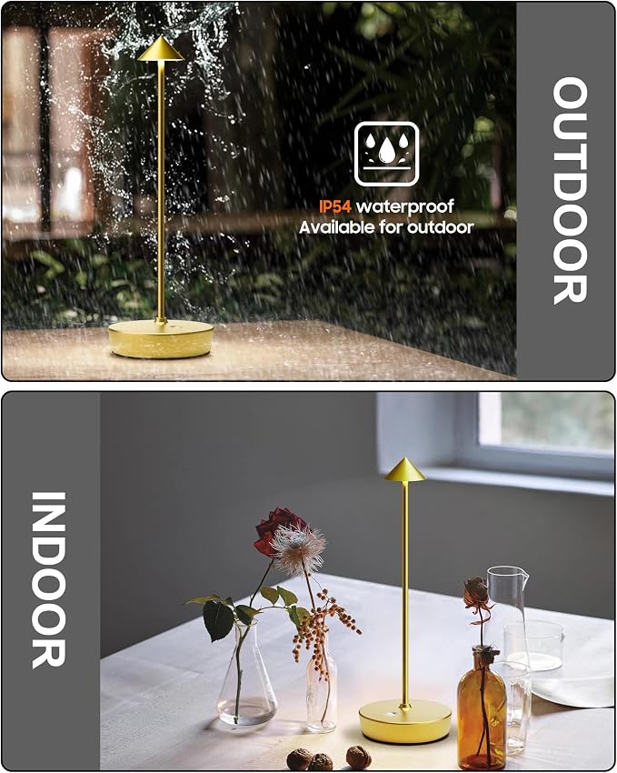 Cordless Table Lamps Rechargeable, 6000mAh Battery Operated LED Desk Lamp Outdoor Waterproof Portable Touch Dimmable Table Light for Patio Restaurant Dining Home Set of 2 Brass