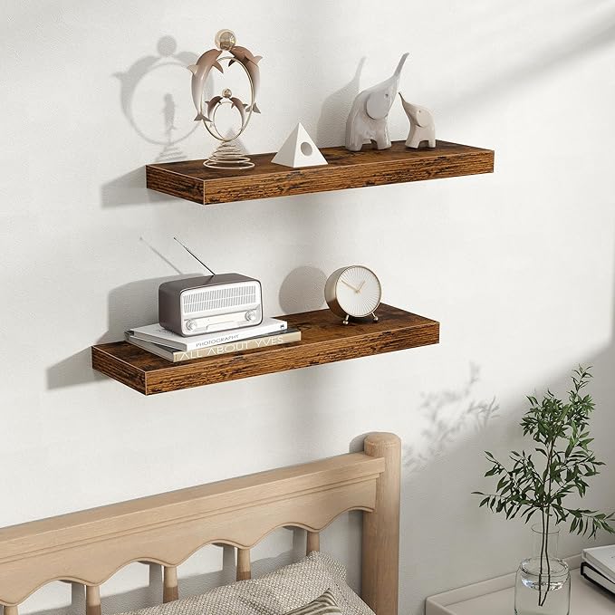 Fun Memories Floating Shelves for Wall, Rustic Wood Wall Mounted Shelves for Bathroom, Bedroom, Living Room and Kitchen, Storage & Home Decor (Set of 2, Brown, 24 in)