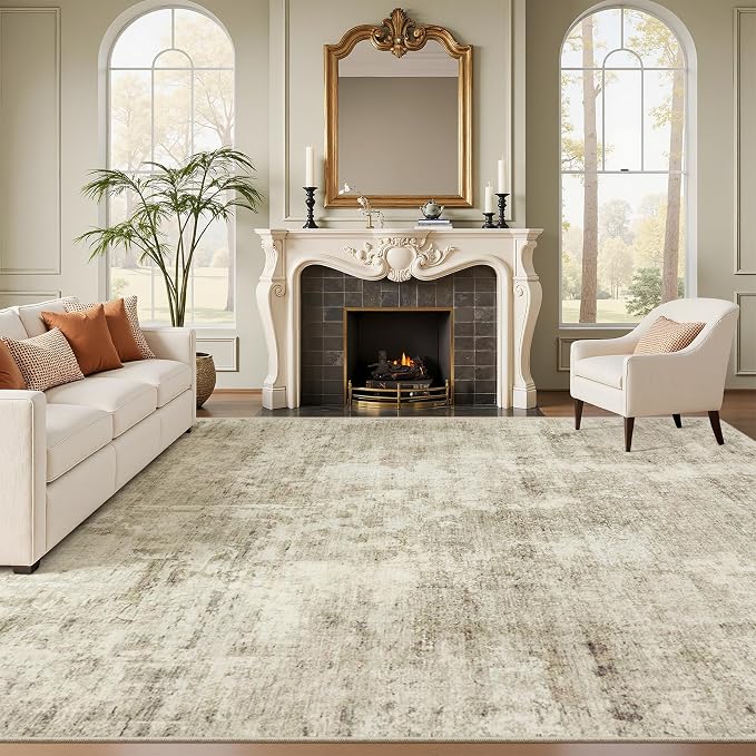 Soalmost Area Rug 10x12 Vintage Washable Living Room Large Carpet Non Slip Bedroom Indoor Office Dining Room Low Pile Thin Rug Beige Gray