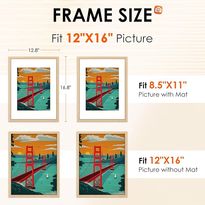 FIXSMITH 12x16 Picture Frame Natural Set of 2, Photo Frame with HD Plexiglass, Display Pictures 8.5x11 with Mat or 11x17 Without Mat, Natural Picture Frames Collage Wall Decor, Gallary Wall Frame