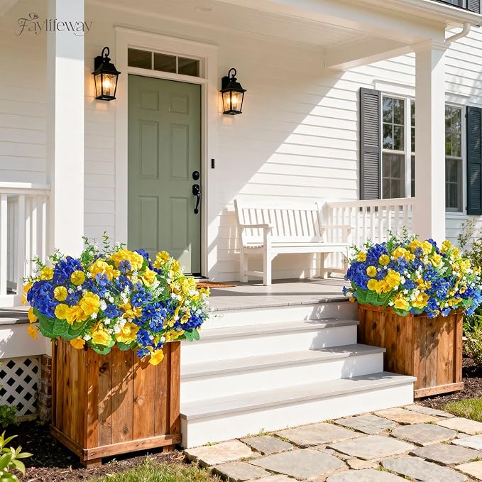 16 Bundles Artificial Flowers for Outdoors, UV Resistant Silk Faux Flowers for Outside Planters,Garden,Porch,Patio,Yard,Home Decor(Blue&Yellow)