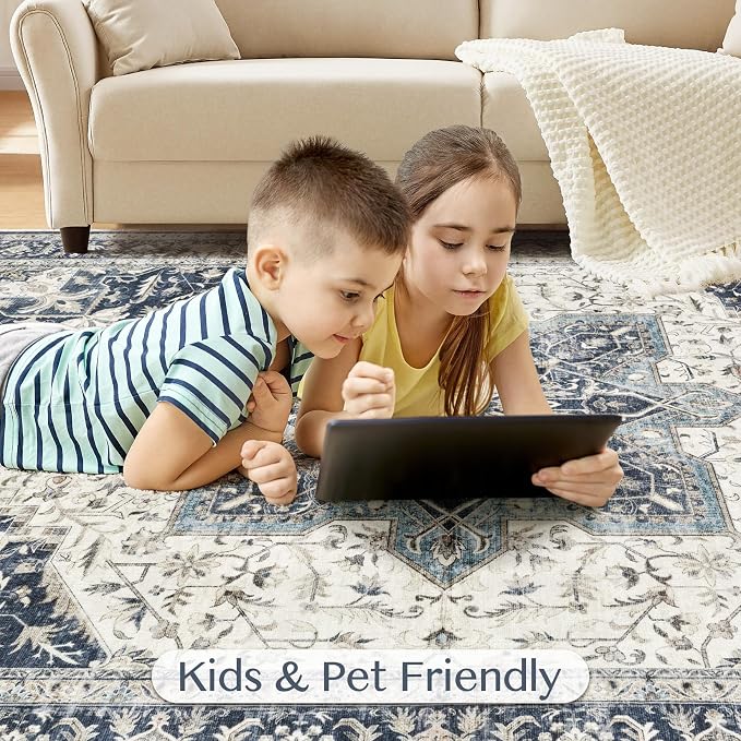 Tortania Area Rug Living Room Rugs - 7x9 Washable Boho Rug Vintage Oriental Distressed Farmhouse Large Thin Indoor Carpet for Living Room Bedroom Under Dining Table Home Office - Indigo