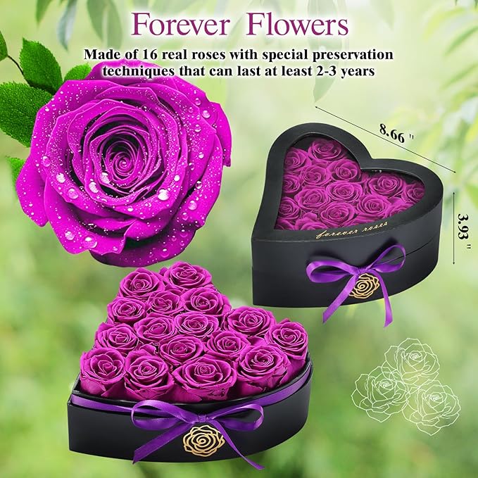 HERBMOTG 16 Forever Real Roses in Heart-Shaped Box with a Curved Design, Grade A Quality-Preserved Roses for Birthday, Mothers Day & Valentines Day (Purple)