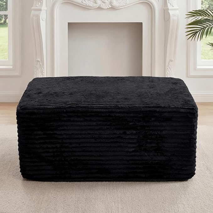 37.4'' Plush Fluffy Corduroy Ottoman for Boneless Couch in a Box, Modern Compressed Sofa, Small Comfy Rectangle Couch for Living Room, Bedroom, Black, (Ottoman)