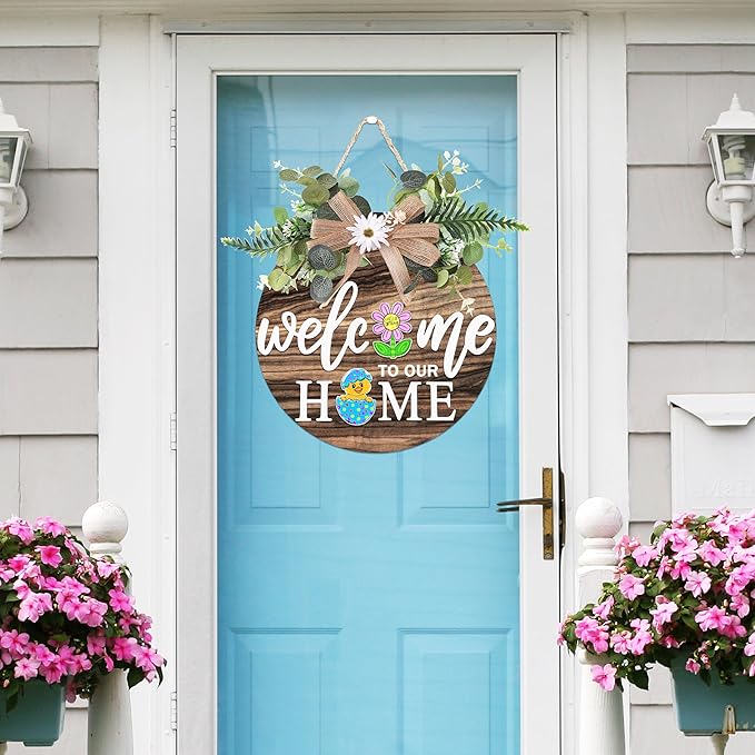 Interchangeable Welcome Sign for Front Door with 4 Seasonal Wreaths 21 Changeable Icons, Farmhouse Rustic Outdoor Welcome Signs Porch, Spring Winter Fall Decorations for Home House Warming Gifts