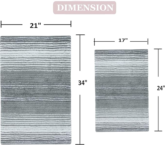 Home Weavers 100% Cotton Gradiation Collection Bathroom Décor | Washable Rug | Bathroom Mat | Kitchen Mat | Bathroom Rug Set | Bath Mat Set | Bath Floor Mat Non Slip, 2 Piece Set(S+M), Gray