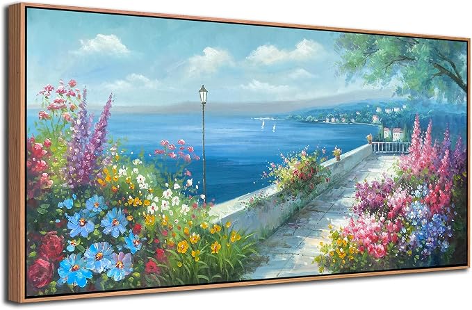 Arjun Blue Coastal Canvas Framed Wall Art for Living Room Ocean Landscape Painting Bedroom, Hand Painted Seascape Garden Flower Picture Artwork Large Home Office Wall Decor, 48"x24"