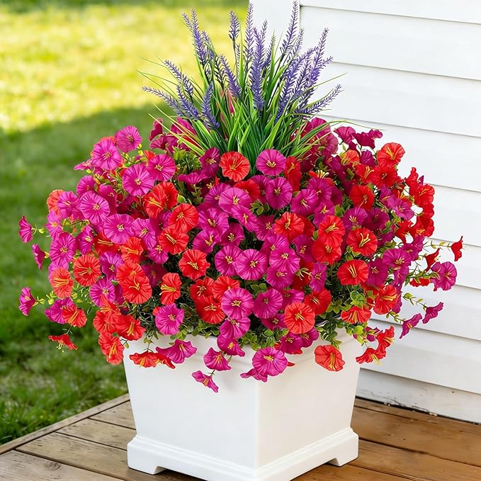 Artificial Flowers Fake Plants for Outdoors Decoration, 12 Bundles Silk Morning Glory with 2PCS Lavender Realistic UV Resistant Faux Spring Flowers for Outside Planter Yard Patio Garden Home Indoor