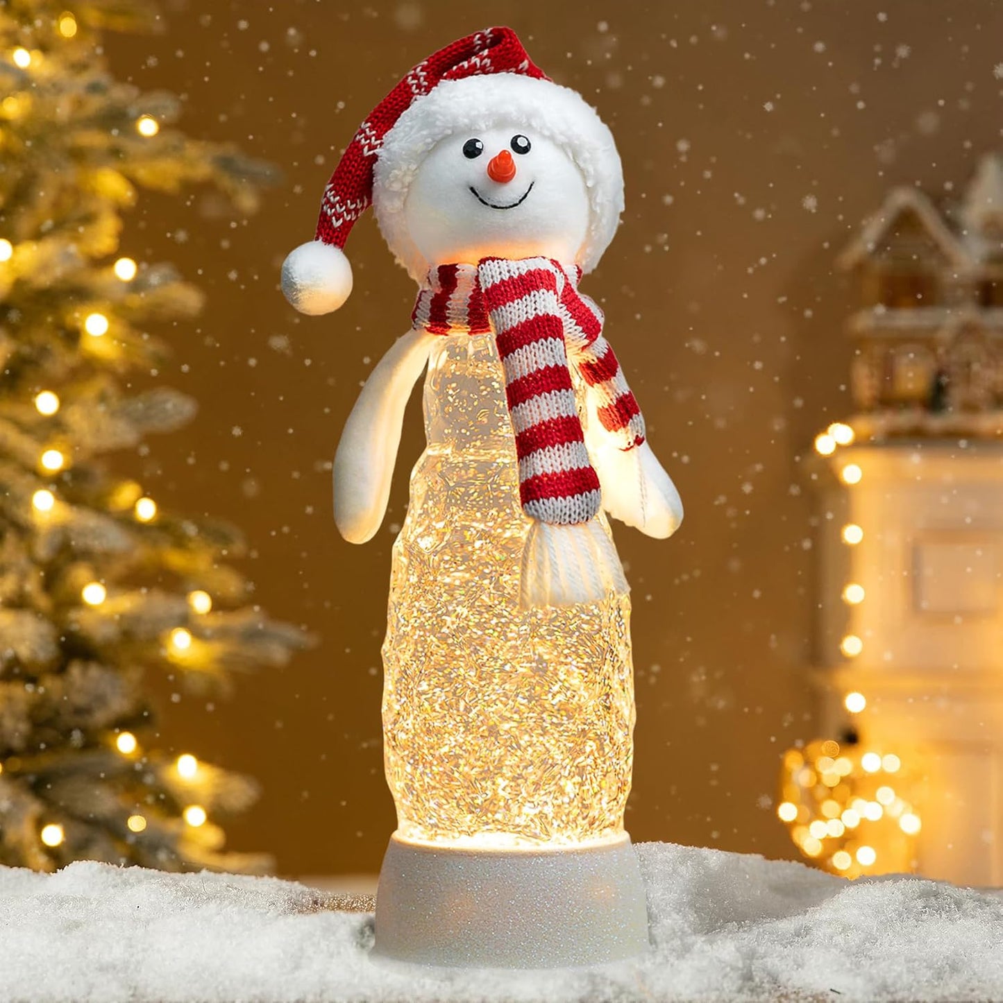 Christmas Snowman Decorations, Colorful LED Lighted Snowman Plush Swirling Glitter Musical Christmas Snow Globe, Christmas Water Lantern Ornaments for Festival Decoration Gifts