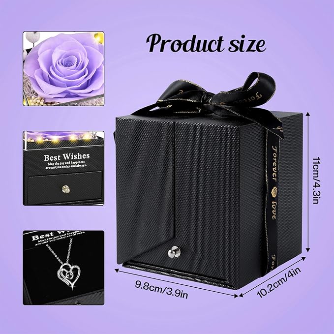 Pasuvsigt Mothers Day Mom Birthday Gifts for Women, Preserved Real Rose with I Love You Heart 100-Language Necklace, LED Lights & Music Box, Anniversary for Women Girlfriend Mom