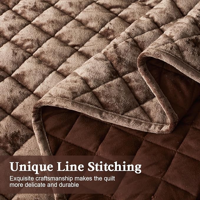 Cosybay Luxury Velvet Quilt Set Queen, Lightweight Oversized Bedspread Coverlet Quilted Box Stitch Bedding Set, with 2 Matching Pillow Shams, for All Season, Mocha Brown