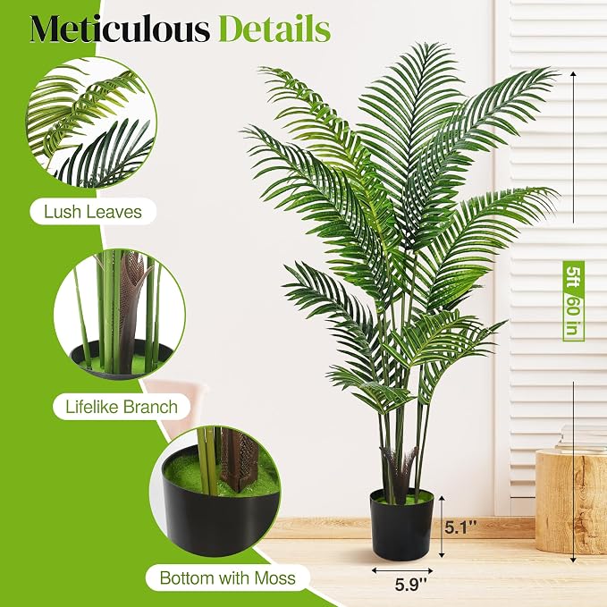Suntee 5ft Artificial Palm Tree, 2 Pack Artificial Plants Indoor for Office Living Room, Tall Fake Trees Tropical Areca Floor Plant, Large Fake Plants Porch Garden Patio Decor