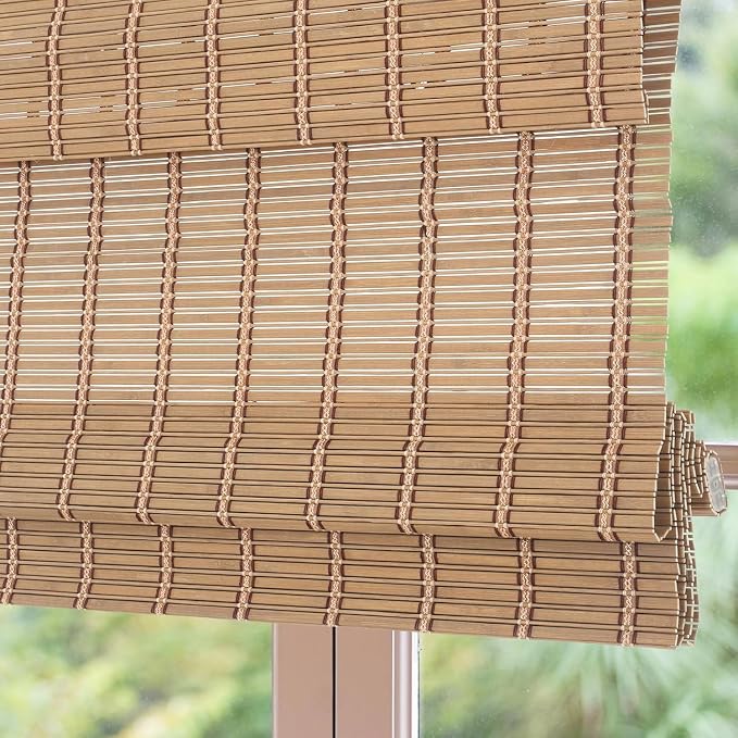Sunbox Cordless Bamboo Roman Shade Blind, Woven Wood Roman Shades, Light Filtering Natural Bamboo Shades for Windows, French Doors, 45" W x 64" H, Caramel Brown