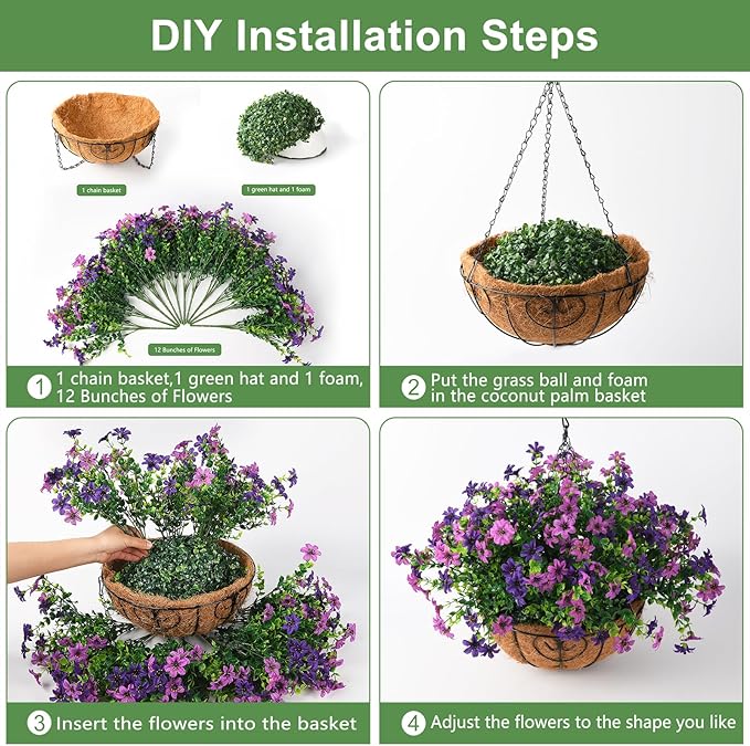 Artificial Flowers Fake Hanging Baskets for Outdoor Spring Summer Decoration, 12 Bundles Faux Hanging Plants UV Resistant, Realistic Silk Flowers for Outside Planters Porch Patio Balcony Yard Garden