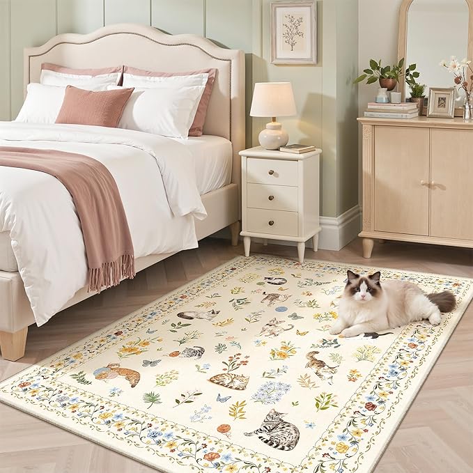 Soalmost Cat 3x5 Area Rugs for Entryway, Machine Washable Animal Floral Accent Rug Non-Slip Low Pile Soft Throw Rugs for Kitchen Bedside Living Room Bedroom Kids Room (3 x 5,Beige)