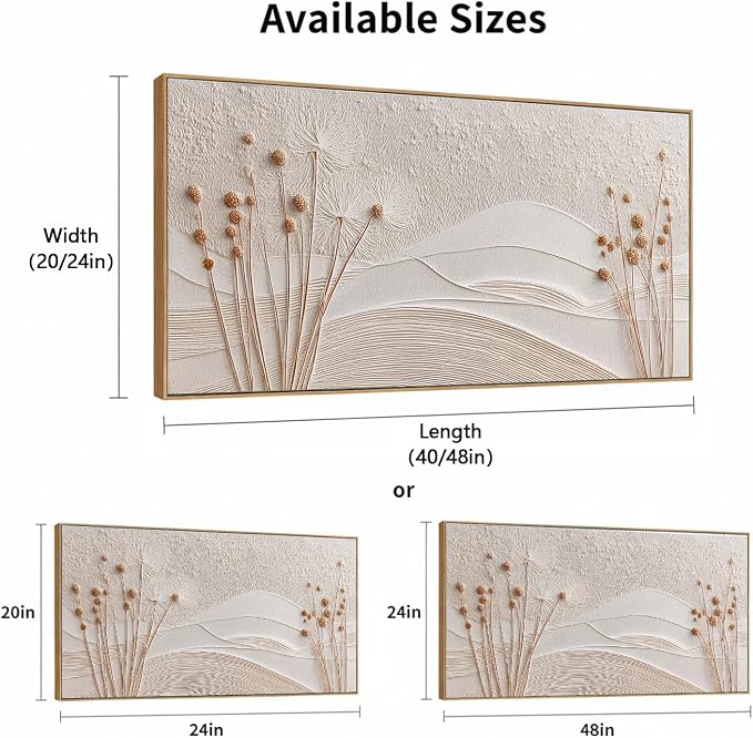Sorbrozo 3D Texture Dandelion & Mountain Landscape Wall Art 24x48 Inch Framed Canvas Print in Neutral Beige & Gold Ready to Hang Decor for Living Room Bedroom Office