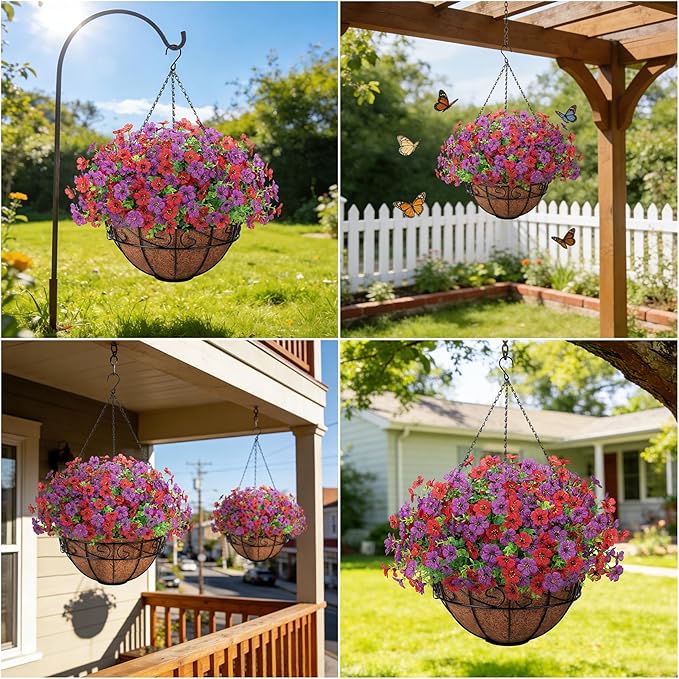 Artificial Fake Hanging Flowers Plants Basket Outdoors, Faux Silk UV Resistant Look Real Daisy Eucalyptus for Spring Summer Garden Porch Home Patio Balcony Yard Decorations, Red Purple
