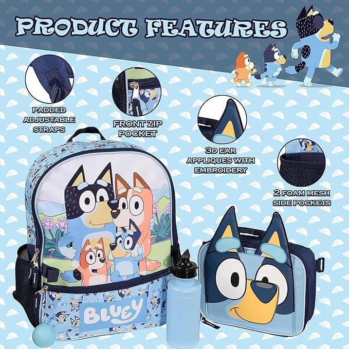 AI ACCESSORY INNOVATIONS Bluey 4 Piece Backpack Set for Pre School Girls & Boys, Kids 16" School Bag