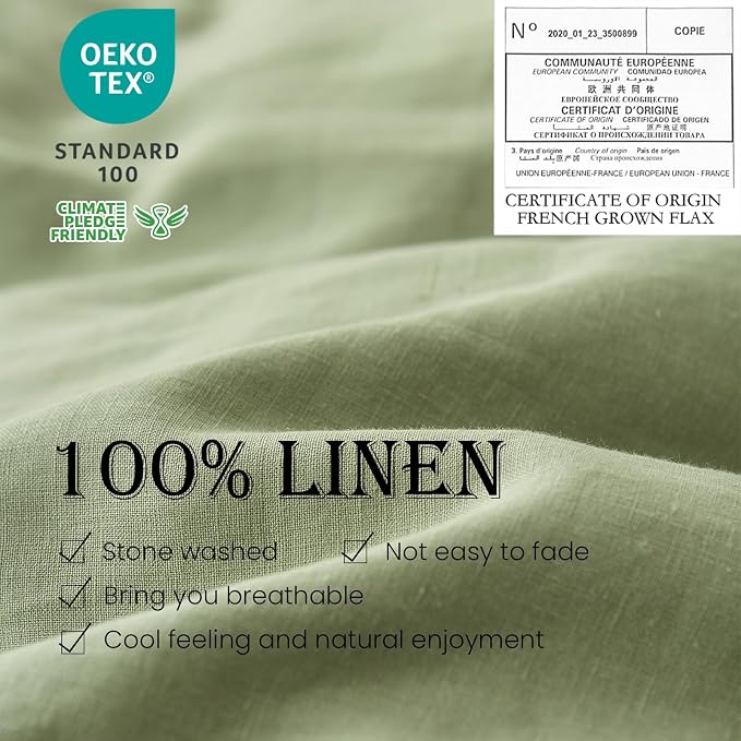 Simple&Opulence 100% Washed Linen Duvet Cover Set 5pcs(1 Duvet Cover& 2 Shams& 2 Pillowcases) Basic Style Natural French Flax Soft Breathable Farmhouse Bedding (Queen, Sage Green)