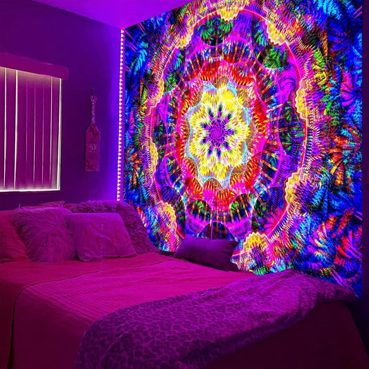 PSYHILAR Blacklight Mandala Tapestry for Bedroom, Psychedelic Black Light Posters for Adults and Teens, Colorful UV Reactive Aesthetic Bohemian Art Wall Hanging Decor (60 x 50 Inches)