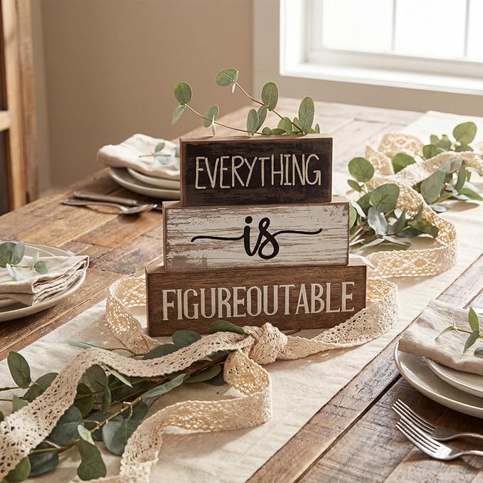 Lineshading 4 Pcs Inspirational Farmhouse Table Decor Everything Is Figureoutable Stacked Wooden Block Signs with Inspirational Quote Eucalyptus Leaves for Home, Living Room, Shelf Housewarming Gift