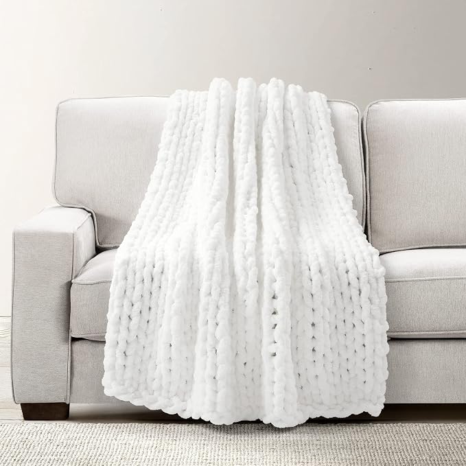 Lush Decor Hygge Ultra Soft Cozy Chenille Chunky Knit Throw Blanket, 50" x 40", White