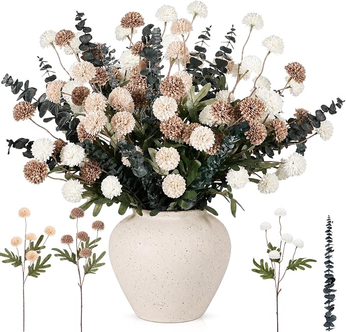 Hoteam 36 Pcs Artificial Chrysanthemum Flowers Bouquet with Dried Eucalyptus Leaves 15 Stems Fake Mums 21 Stems Preserved Eucalyptus for Vase Home Decor Wedding Centerpieces (White Khaki)