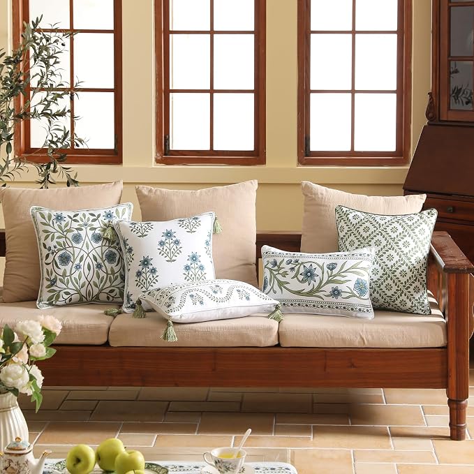 ISAENNE Designer Linen Throw Pillow Cover,Set of 2,20"x12"-Mosella D | French Elegant Rectangle Decor Pillow Cover,Concealed Zipper Design,Floral Pattern,Sofa,Bedroom,Living Room,Lounge Chairs