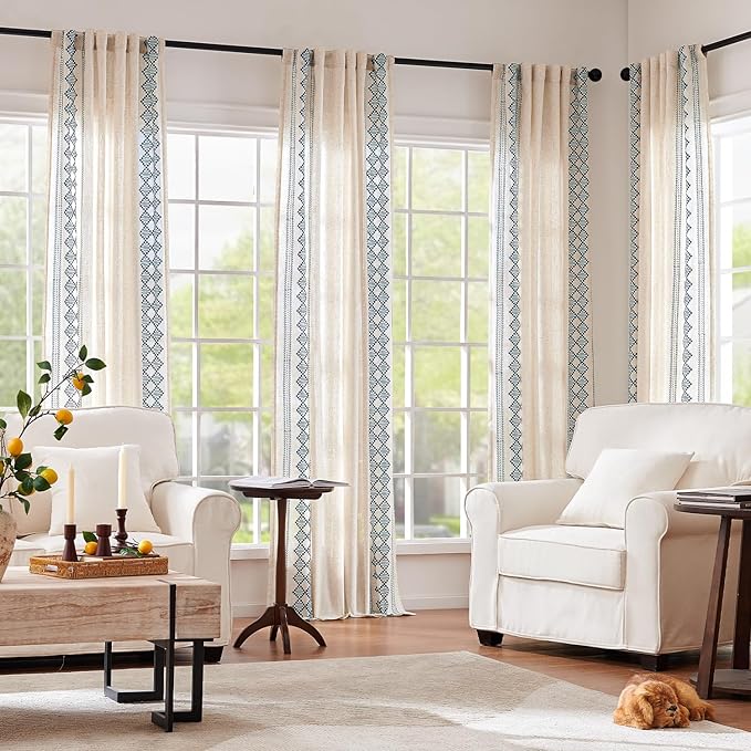 jinchan Boho Curtains Linen Blend Beige Farmhouse Curtains 63 Inches Long for Living Room Blue Square Embroidered Bordered Back Tab Bedroom Window Light Filtering Bohemian Drapes 2 Panels
