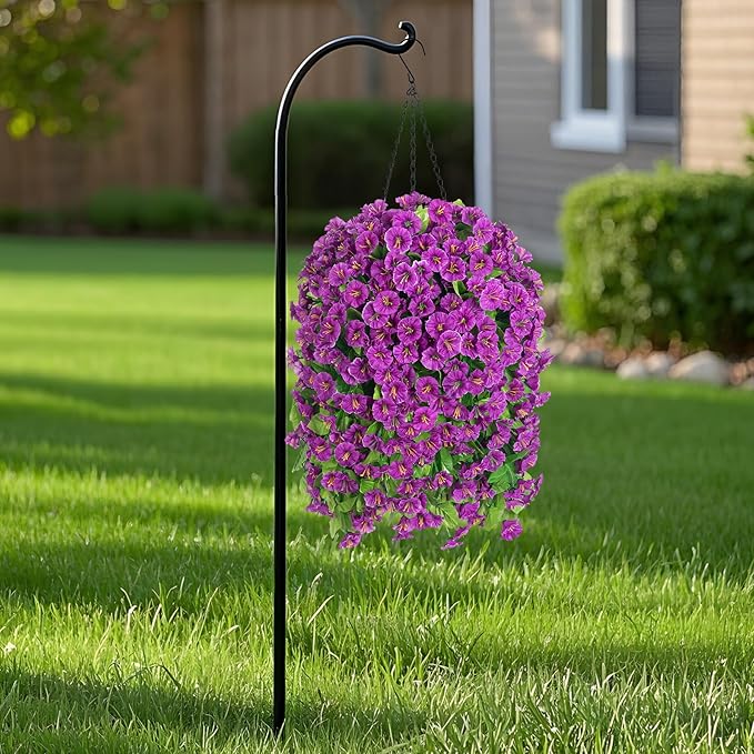 Ammyoo Artificial Faux Hanging Flowers Basket for Spring Summer Outdoor Porch Decor, Fake Silk Colorful Morning Glory Eucalyptus in Planter UV Resistant Look Real for Home Balcony Yard(Darkorchid)