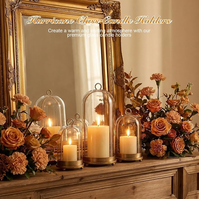 15"&9"&7" Hurricane Glass Candle Holders Set of 3, Metal Candle Holder with Handmade Glass Dome in Brass, Hanging Versatile Hurricane Glass Candle Holders for Pillar Candles (Candles Not Including)