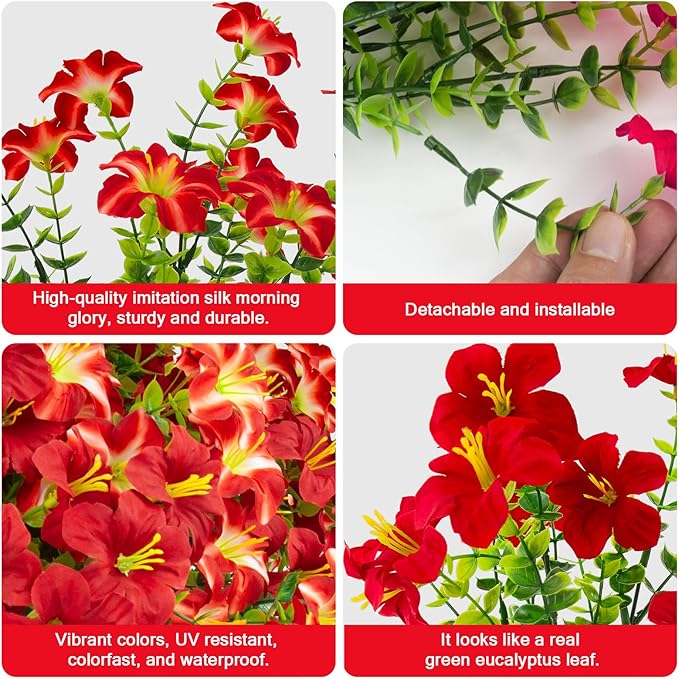 Daynight Faux Petunias Artificial Flowers Plants for Outdoor Plant Decoration,Fake Petunias Realistic Silk Flowers for Porch Yard Garden Window Indoor Decor. (16, Red)