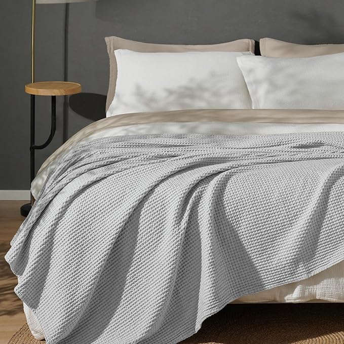 PHF Pre-Washed 100% Cotton Waffle Weave Blanket Twin Size for Bed,Snag Proof Throw Blanket for Couch Spring Summer Lightweight Breathable,Machine Washable, Home Decor Gift - Light Grey