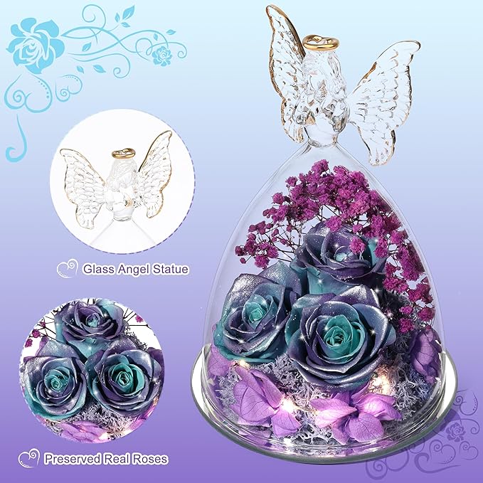 Mothers Day Rose Gifts for Women Preserved Real Flower in Glass Angel Figurines Roses for Delivery Prime Birthday Gifts for Mom Grandma Girlfriend Wife Her, GlitterBluePurple