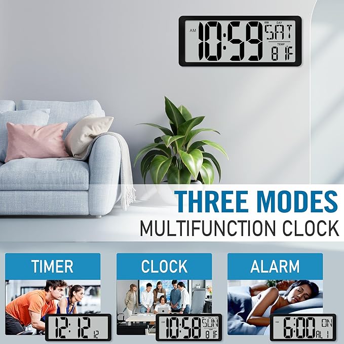 TXL 14.2"" Large Digital Wall Clock Battery Operated, Digital Clock Large display with Day, Date & Temperature, Large wall clock for Bedroom, Livingroom, Office，Battery Included, Black
