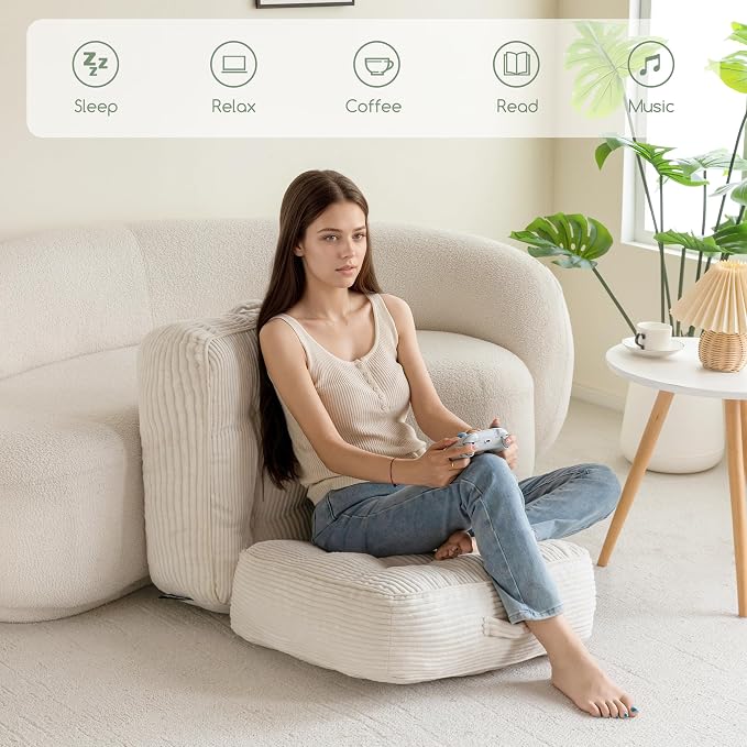 HIGOGOGO 8" Extra Thick Floor Pillow Cushion for Adults, Meditation Cushion Pillow, Large Square Floor Sitting, Tufted Corduroy Cover, for Tatami Living Room or Yoga, 22x22 Inch, 2Pack, Beige