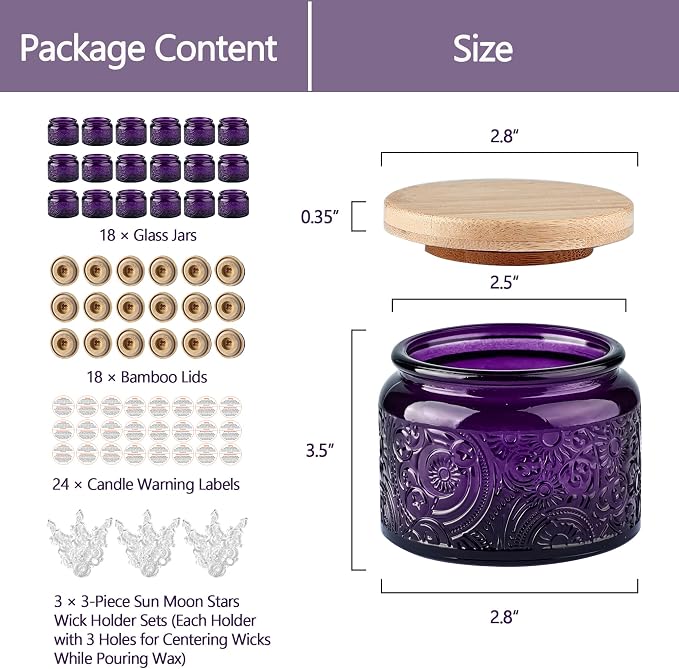 4 oz Red Sun Moon Stars Candle Jars with Bamboo Lids, 18 Pack | Patented Embossed Design, Includes Wick Centering Devices & Warning Labels, Multiple Color Options