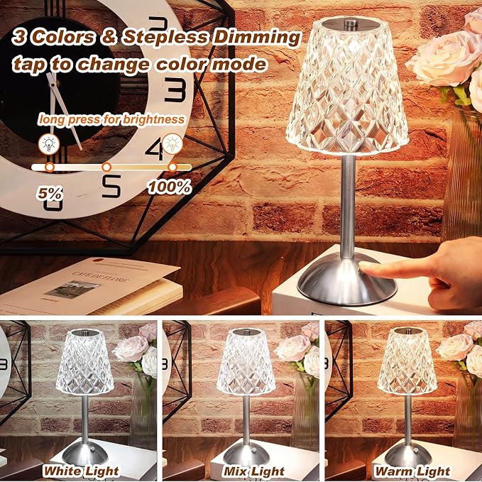 Liliful 2 Pcs Cordless Table Lamp Rechargeable Touch LED Small Gold Portable Battery Operated USB-c Desk Lamp 3 Color Dimmable for Bedroom Living Room Dining (Silver,Diamond Style)