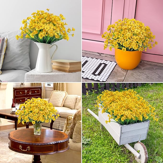Ouddy Decor 24 Bundles Artificial Flowers for Decorations Fake Silk Plants for Outdoor Indoor UV Resistant Faux Plastic Greenery Stems for Window Garden Porch Home Spring Summer Decoration, Yellow