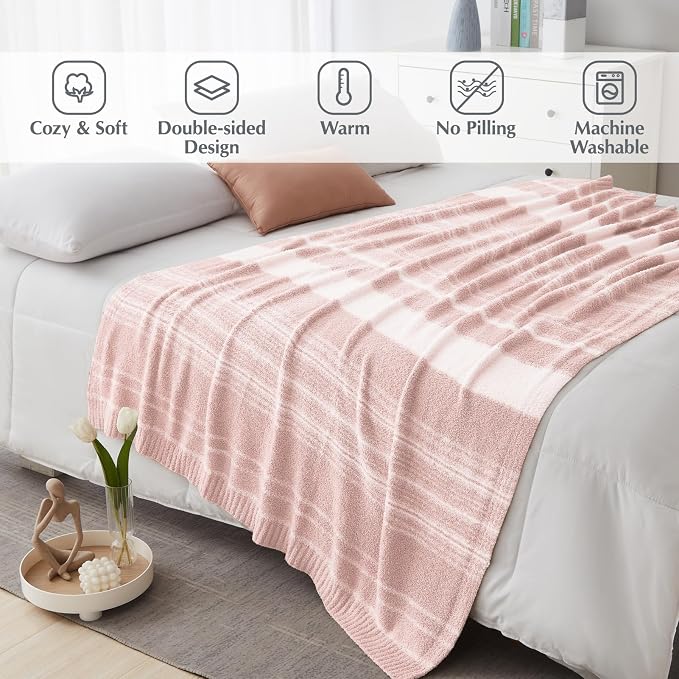 WRENSONGE Soft Throw Blanket for Couch-Cozy Reversible Knitted Blankets | Lightweight Warm Fluffy Decor for Women, Mom, Her & Girls, Sofa, Chair, Bed, 50x70in, Pink Stripe