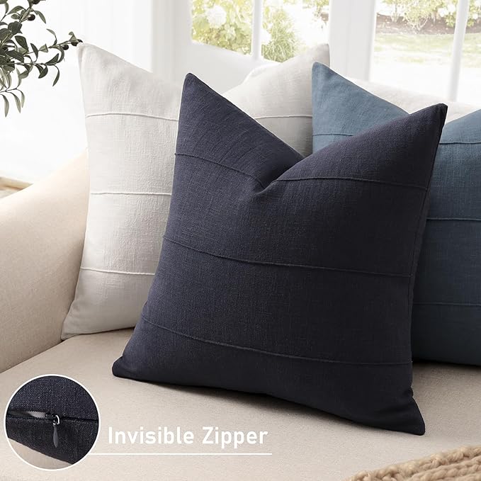 ZWJD Decorative Linen Throw Pillow Covers 26x26 Set of 2 Solid Handcrafted Striped Cushion Covers for Bed Soft Modern Farmhouse Neutral Pillowcase for Couch Bedroom Living Room Home Decor(Dark Navy)