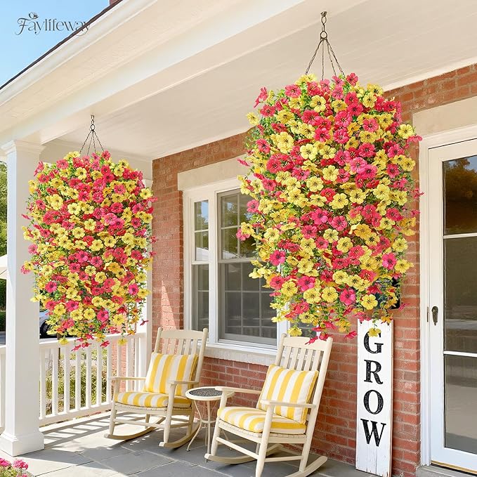 Artificial Hanging Flowers for Outdoors Spring Summer Decoration, 8PCS UV Resistant Silk Fake Hanging Plants for Patio Porch Front Yard Window Garden Indoor Decor(Hot Pink&Yellow,8PCS)