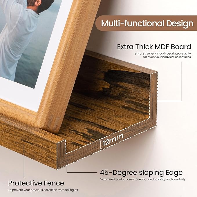 Fun Memories Picture Ledge Shelf, 36 Inch Floating Shelves Set of 2, Nursery Book Shelves for Storage, Bookshelf Wall Mounted for Wall Decor Books Photo Frames, Rustic Brown