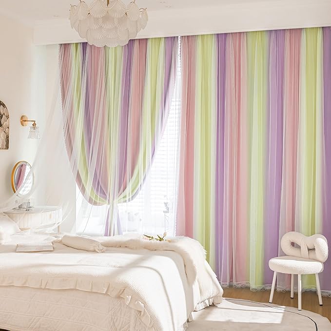 XiDi Blackout Curtains with Sheer Overlay for Girls Bedroom Double Layer Curtains for Kids Nursery Room Darkening Rainbow Princess Unicorn Wall Decals Pink Yellow Purple Grommet Top 2 Panels W34xL63
